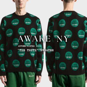 AWAKE NY THE TRUTH Black Green Cotton Blend Jacquard Crewneck Knit Sweater Sz L